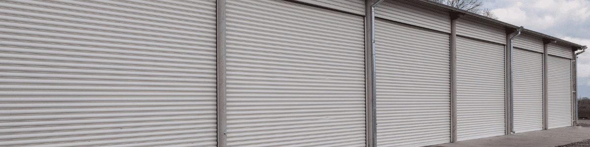 A sleek and modern dark blue roller shutter, perfect for commercial and industrial applications in Melbourne