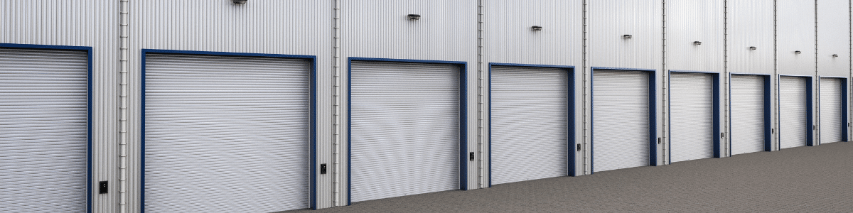 A sleek and modern dark blue roller shutter, perfect for commercial and industrial applications in Melbourne